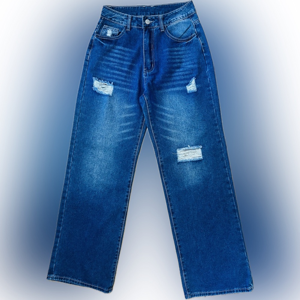 EUC Unbranded SZ S blue distressed 5-pocket wide leg straight jeans/waist 26” - Picture 3 of 5